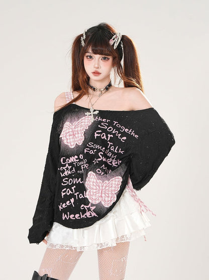 Pink Plaid Butterfly Appliques Black/White Off-the-shoulder Distressed Holes Coverup