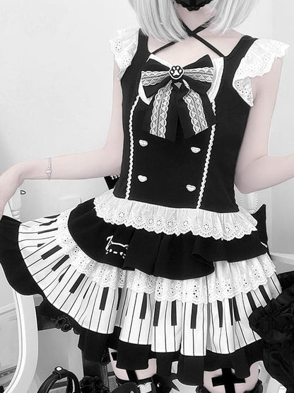 Black and White Flutter Sleeves Halter Top+ Piano Key Design Tiered Skirt + Striped Armwear Set