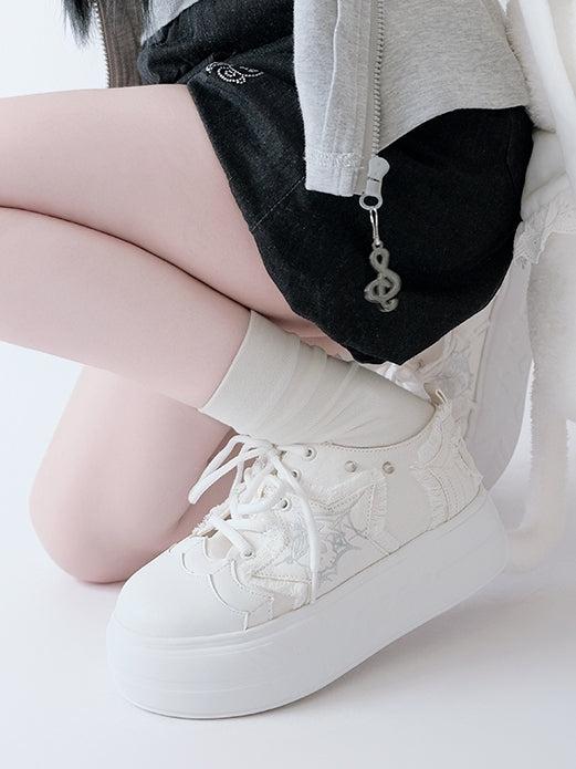 White Y2K Star Applique Platform Sneakers