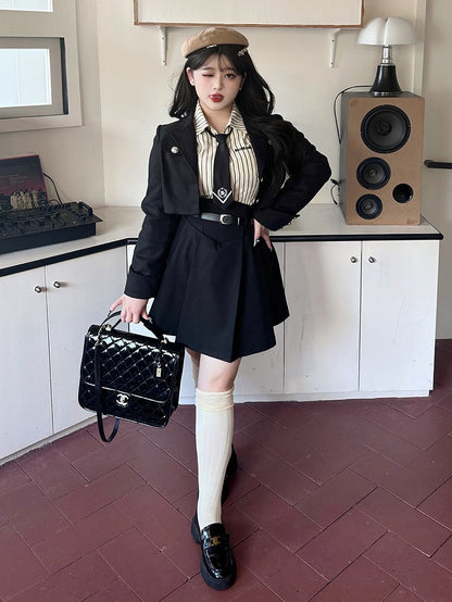 Plus Size - Black Preppy Cropped Blazer Silver-tone Buttons