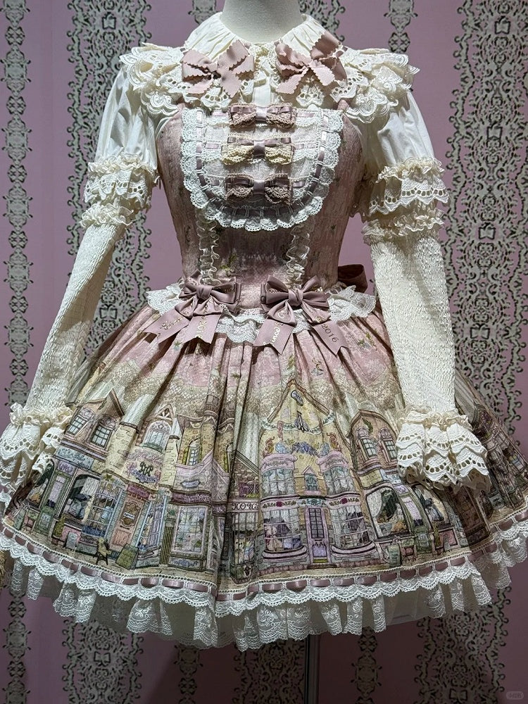 Pink Flutter Sleeves Sweet Lolita JSK Dress with Fairytale Town Print and Bow Accents