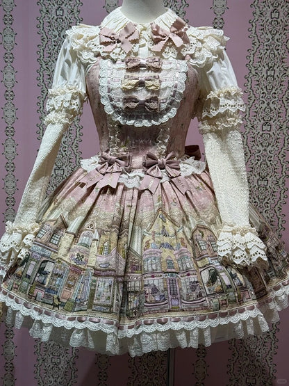 Pink Flutter Sleeves Sweet Lolita JSK Dress with Fairytale Town Print and Bow Accents