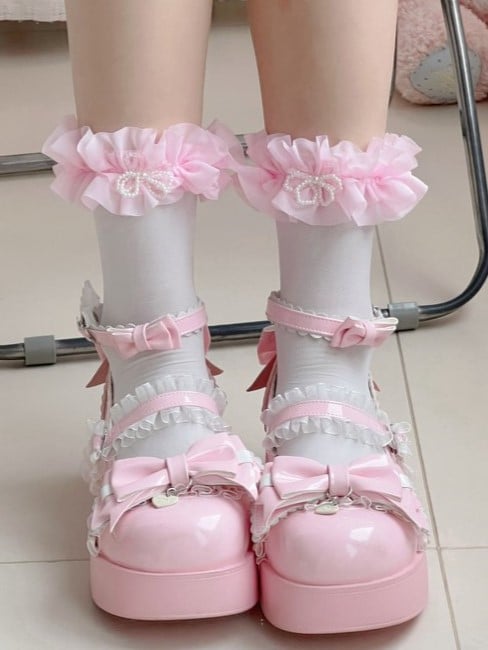 9 Options Black/White Lace Ruffled Cuffs Calf Socks With Pearls