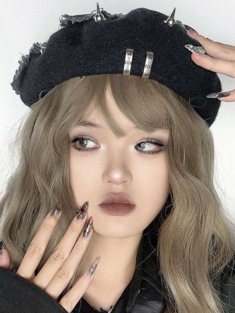 Black Punk Star Applique Stud Details Winter Beret