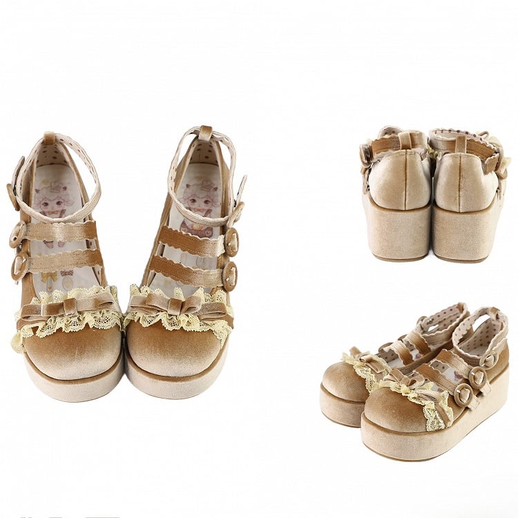 Lace Trim Bowknot at Top Velvet Light Brown Buckle Straps Platforms