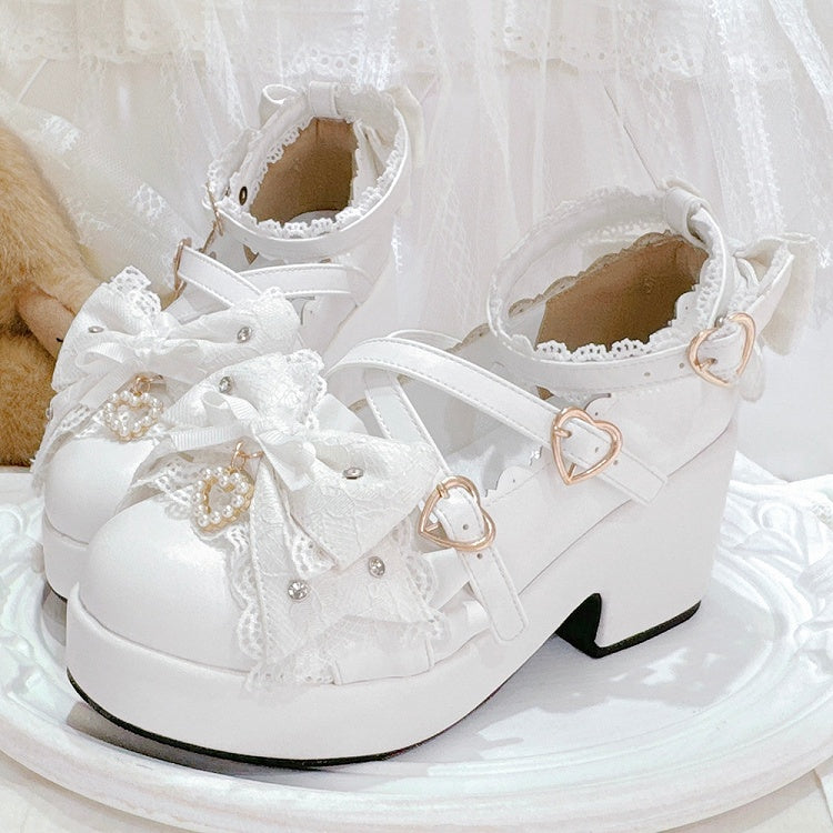 White Jirai Kei Bow at Top Crisscross Design Heart Buckles Platform High Block Heels Shoes
