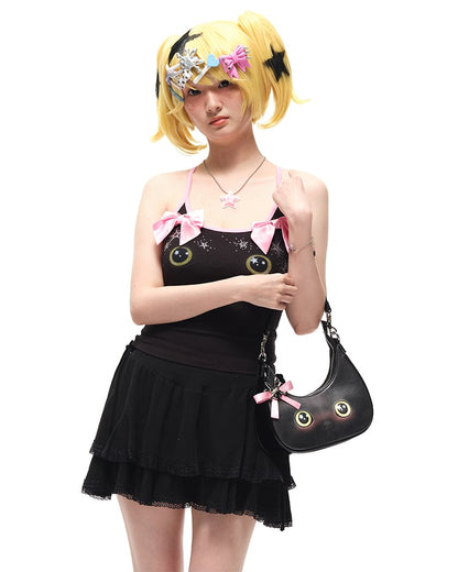 Black Kitty Crescent-shaped PU Tote Bag