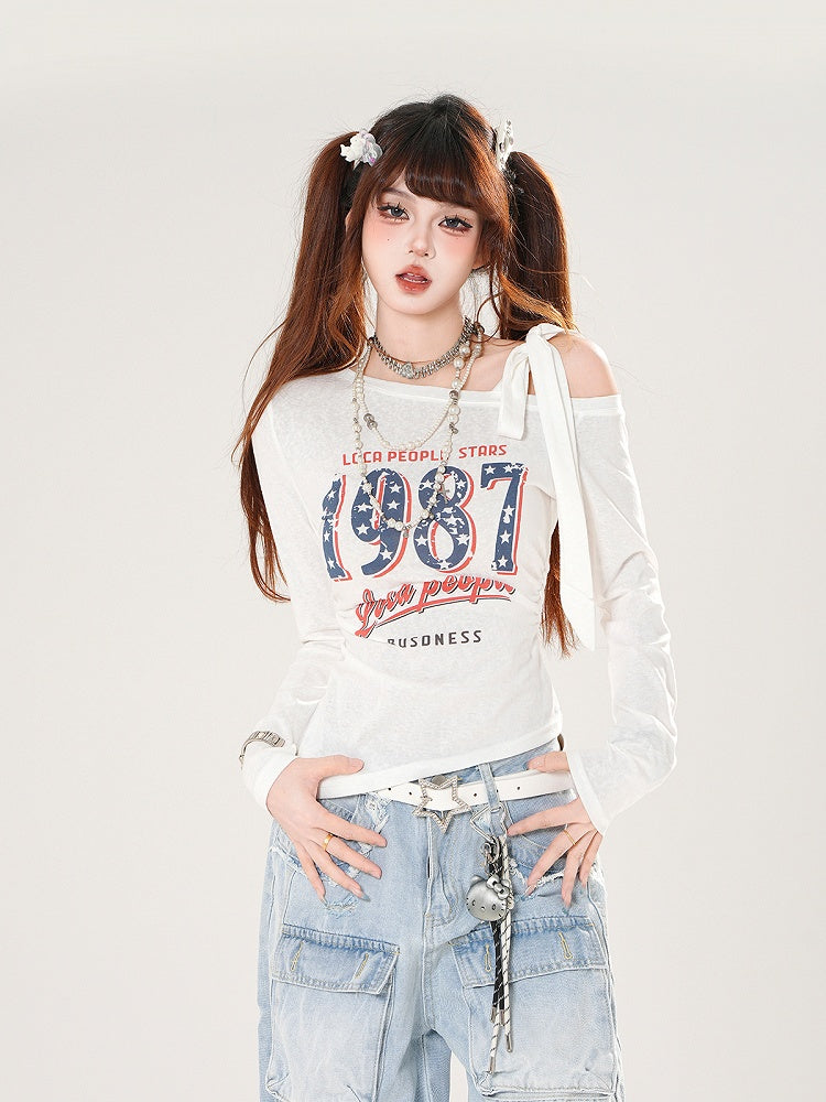 Vintage Number Print Blue/White/Black Asymmetrical Neckline Top