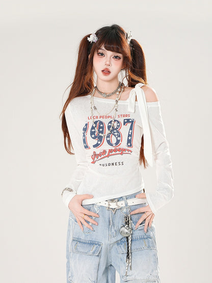 Vintage Number Print Blue/White/Black Asymmetrical Neckline Top