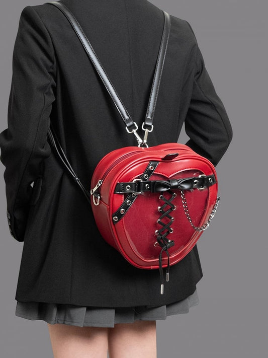 Small Charming Red Apple-Shaped 2-Way Ita Backpack With Black Belt And Bow Accents