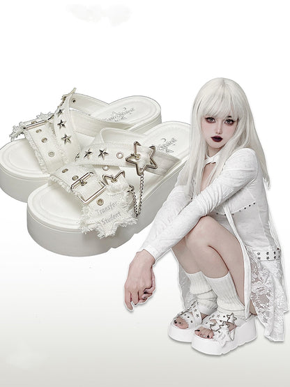 Star-shaped Buckles and Studs White Denim Punk Platform Slippers