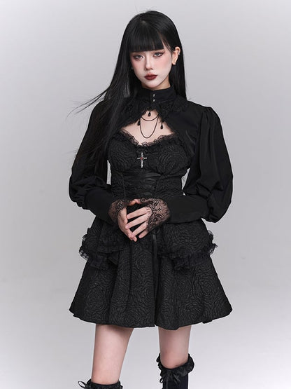 Black Sweetheart Neckline Lace-up Front Tiered Skirt Gothic Sleeveless Dress