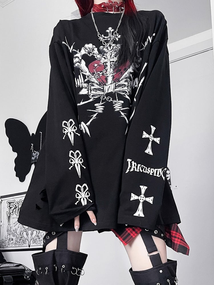 Black Emo Punk Cross And Letter Print Long Sleeves Top