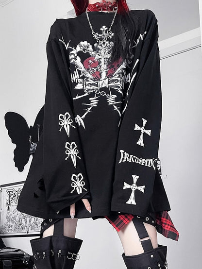 Black Emo Punk Cross And Letter Print Long Sleeves Top