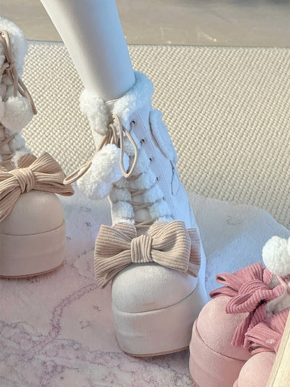 Sweet Apricot Winter Boots for Lolita - 6cm/8.5cm Platform Sole with Heart Applique & Pompom Charm Tie Decor