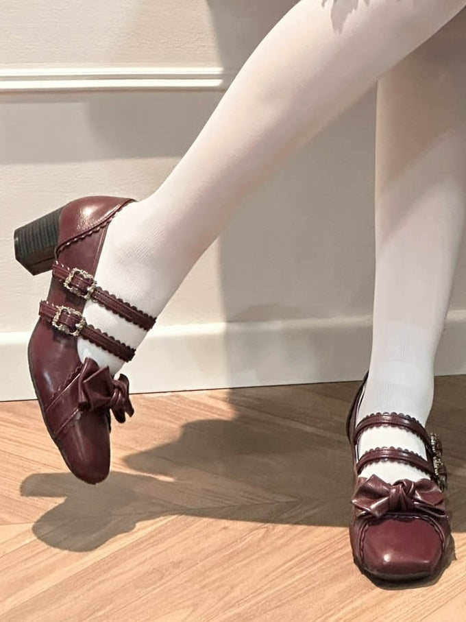 Wine Red Bow at Top Sweet Lolita Shoes