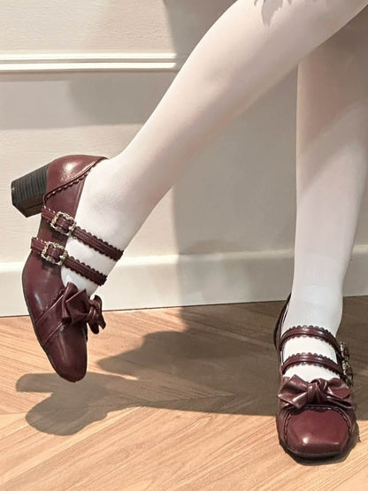 Wine Red Bow at Top Sweet Lolita Shoes