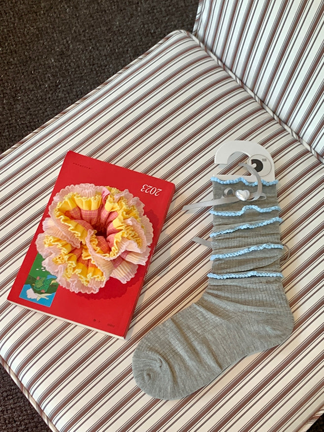 6 Color Options Beaded Heart Decorated Bowknot Detail Loose Calf Socks