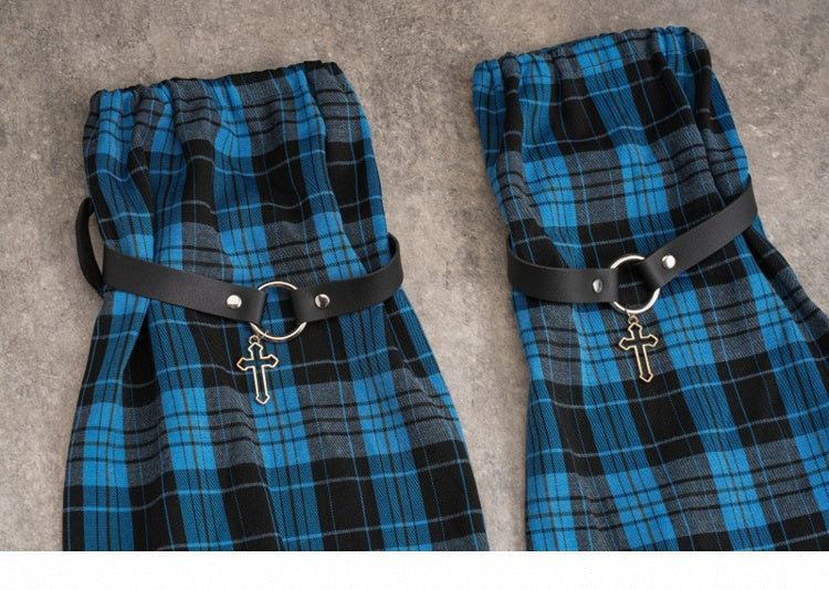 Pins Decorated Black and Blue Plaid Leg Sleeves