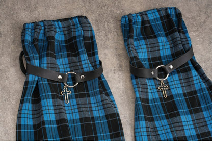Pins Decorated Black and Blue Plaid Leg Sleeves
