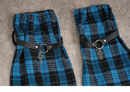Pins Decorated Black and Blue Plaid Leg Sleeves