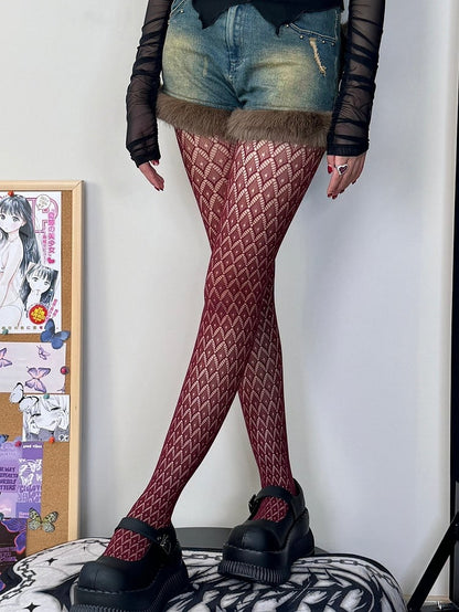 Wine Red Y2K Diamond Pattern Cut-out Design Tights