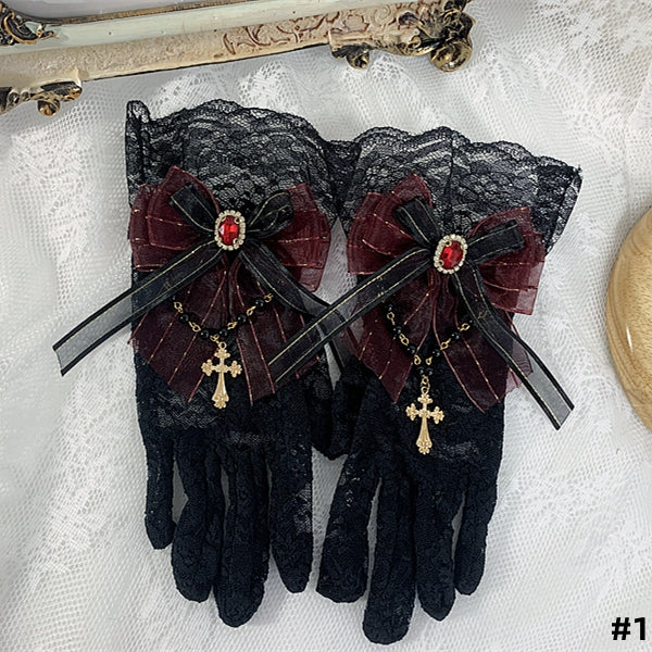 5 Colors Cross Chain Gothic Elegant Bowknot Lace Gloves