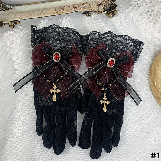 5 Colors Cross Chain Gothic Elegant Bowknot Lace Gloves