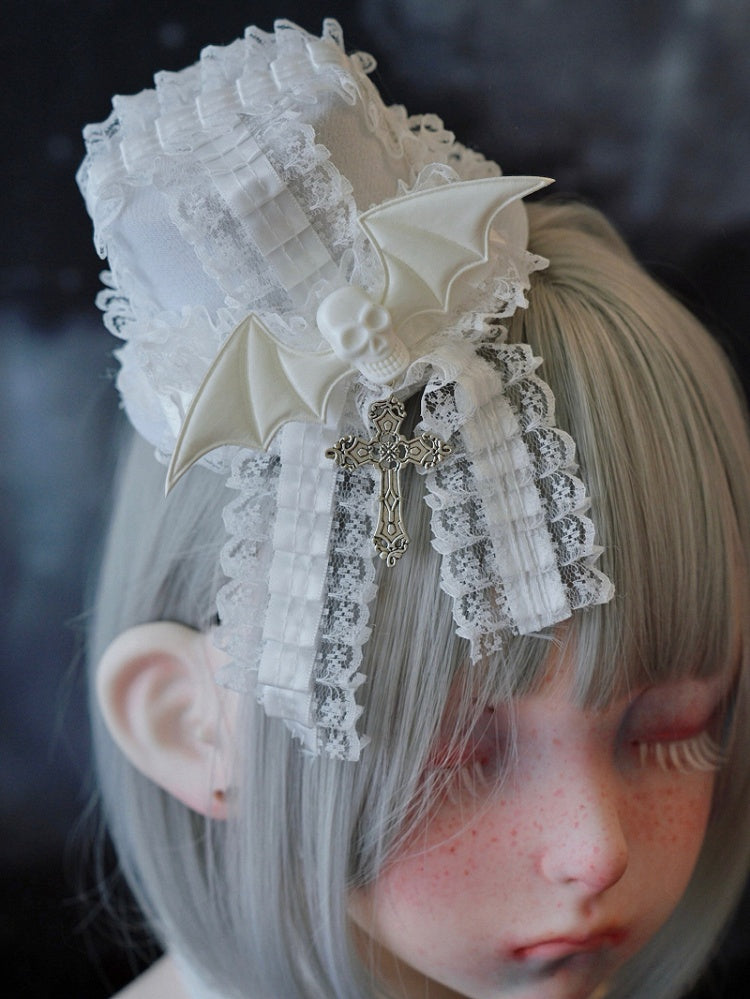 White Gothic Bat Wing Skeleton Cross Lace Trim Hat Hairclip