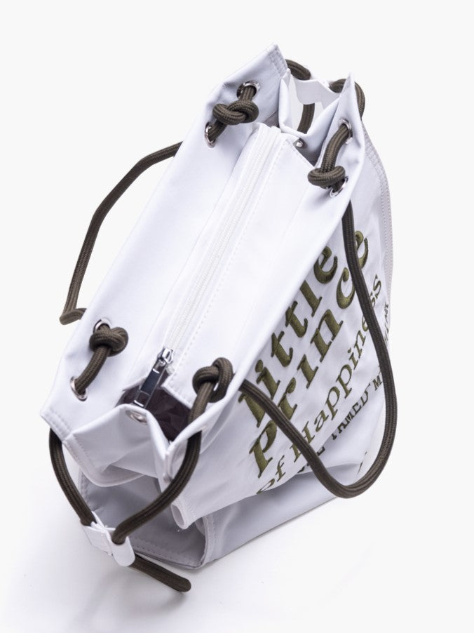 Chic White & Green Alphabet Embroidery Tote Bag with Zipper Closure And Drawstring Strap