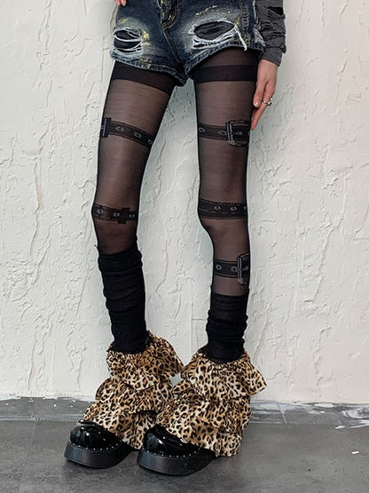 Black Punk Buckle Print Tights