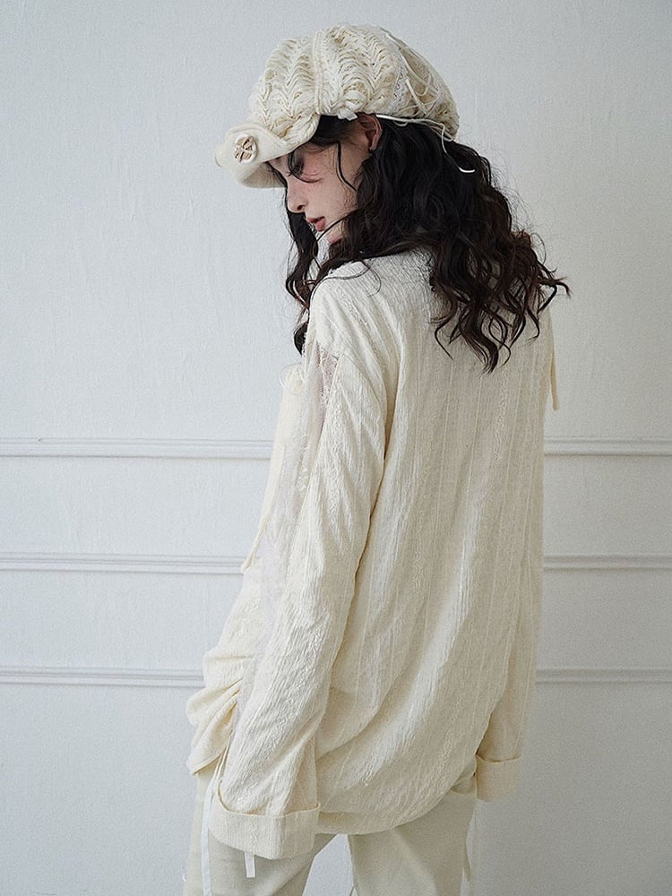 Lace-up Detail Beige Bowknot Details Long Sleeves Shirt