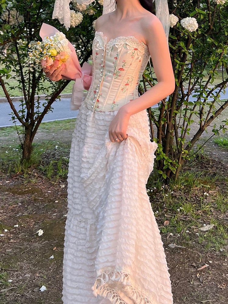 Apricot Floral Print Cotton Bustier Boned Corset Top