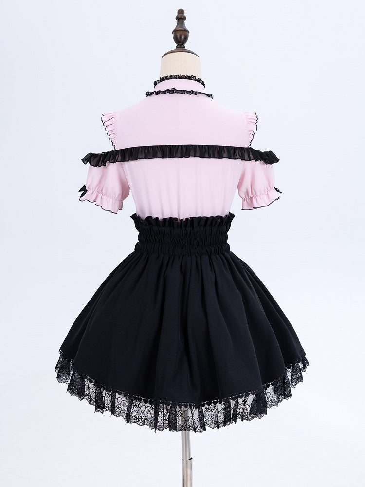 Jirai Kei High Waist Black Skirt Shirring Back Lace-up Front