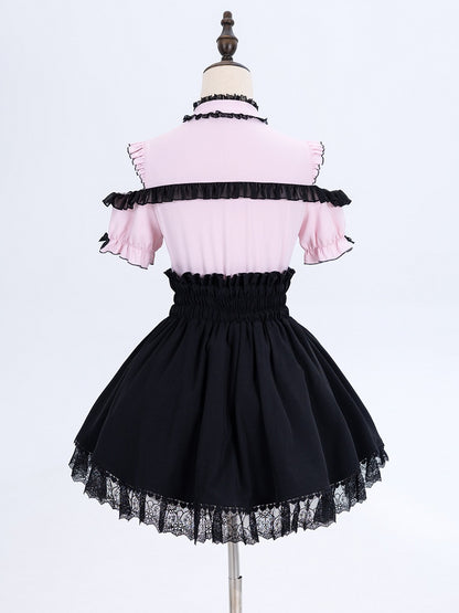 Jirai Kei High Waist Black Skirt Shirring Back Lace-up Front