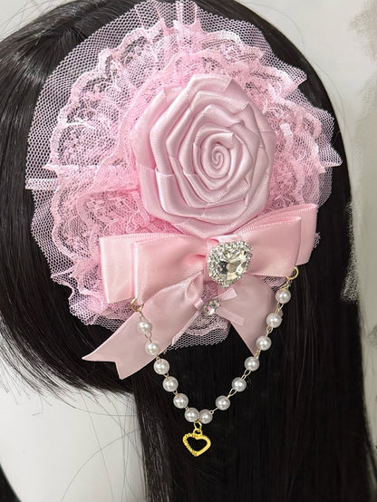 Pink/Rose Red Beaded Charm Rhinestone Heart Decorated Lace Trim Bowknot And Floral Design Hairclip