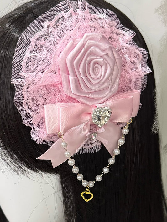 Pink/Rose Red Beaded Charm Rhinestone Heart Decorated Lace Trim Bowknot And Floral Design Hairclip