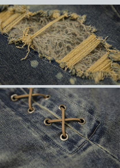 Lace-up Detail Blue Distressed Holes Faded Wash Punk Jeans Raw Hem