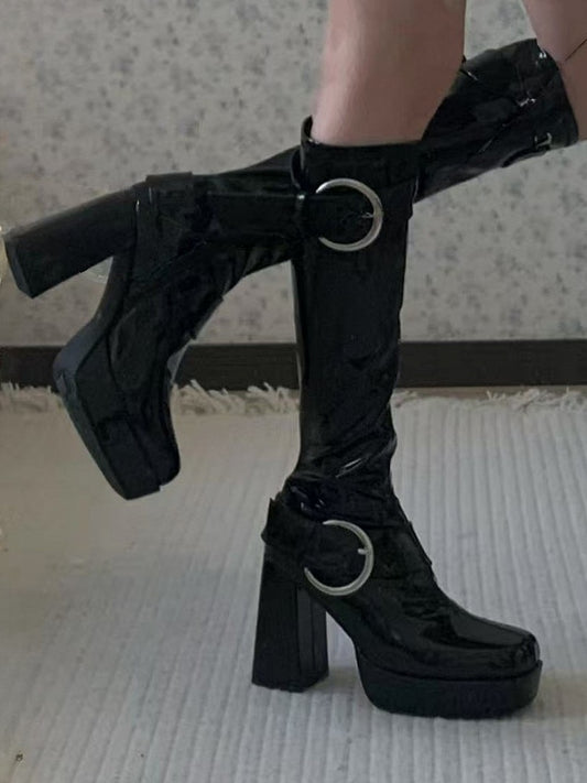 Knee-Length Polished Black Boots - Square Toe Platform with Decorative Buckles & Inner Zipper