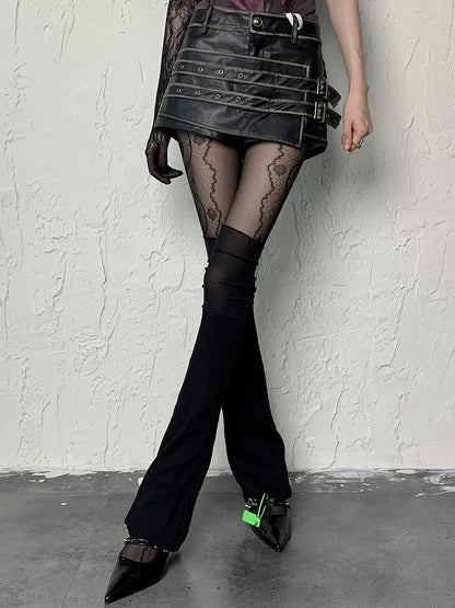 Black/White Y2K Side Floral Pattern Semi-sheer Tights