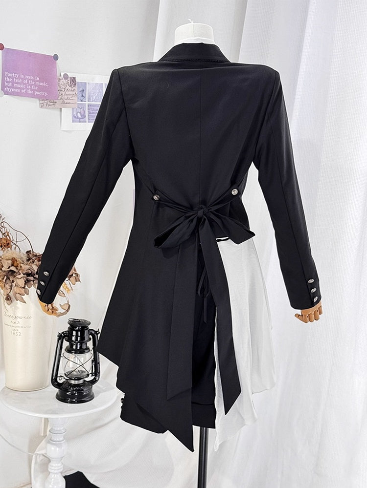 Ouji Lolita White and Black Eight-Piece Set - Asymmetrical Design Coat + Shirt + Shorts + Matching Accessories