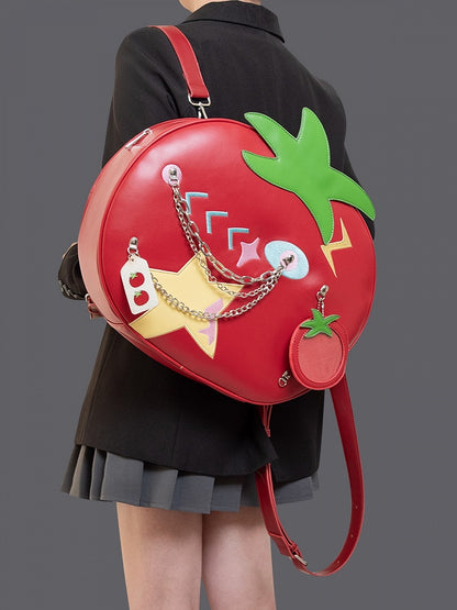 2-Way Red Juicy Tomato Backpack With Star Patches And Chain Accents
