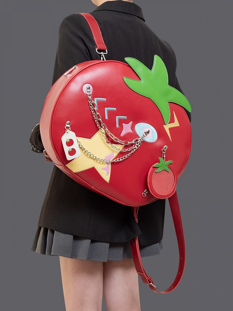 2-Way Red Juicy Tomato Backpack With Star Patches And Chain Accents