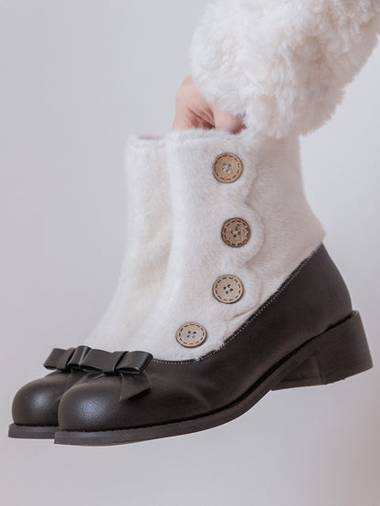 Fleece Lining with Button Embellishments & Functional Inner Zip Design 4cm/6cm Black & White Winter Boots in Elegant Lolita