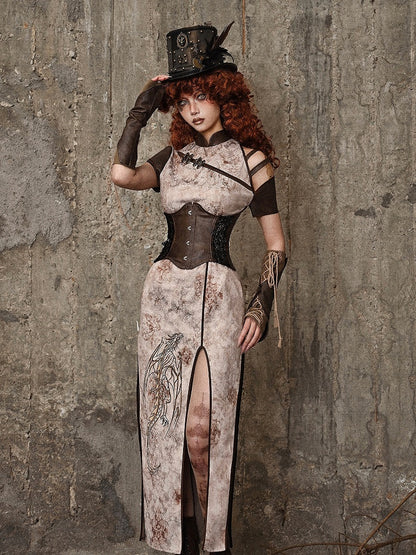 Steampunk Inspired Asymmetrical Sleeves Dragon Embroidery Qipao