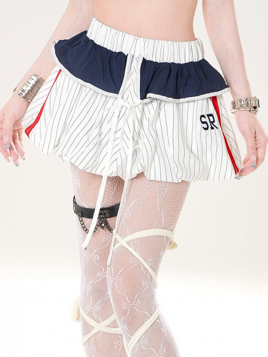 Self-tie Foldover Design White Striped Bubble Skirt