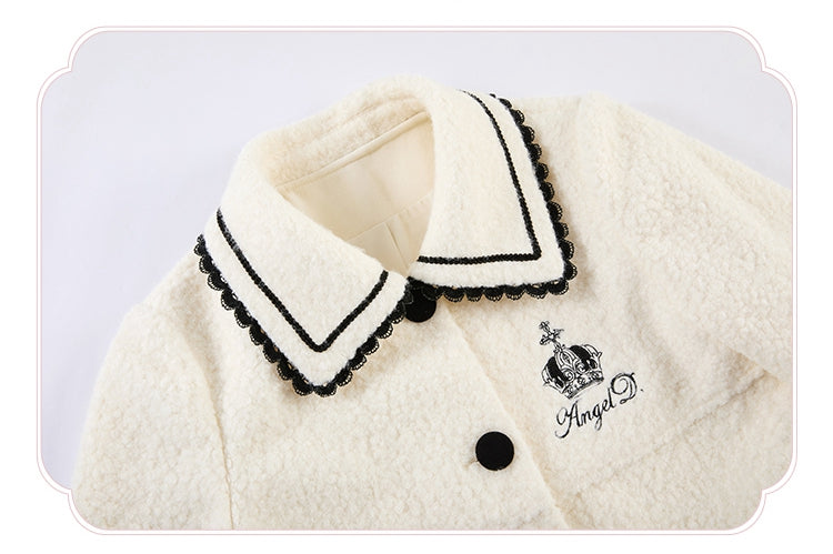Heart-shaped Pockets White Woolen Coat with Black Embroidery Detail