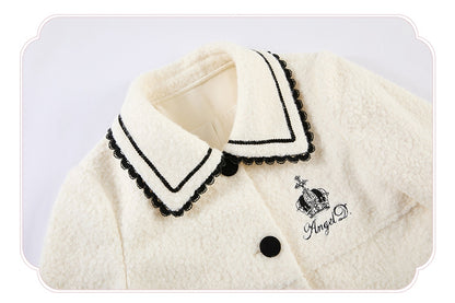 Heart-shaped Pockets White Woolen Coat with Black Embroidery Detail