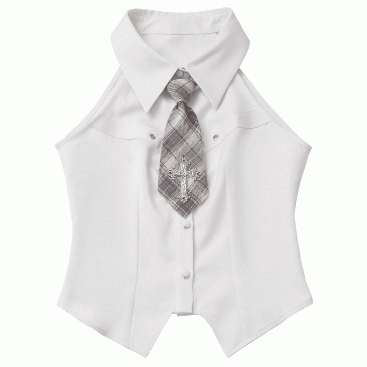 Preppy Style Curved Hem White/Beige Sleeveless Shirt with Cross Decorated Plaid Tie