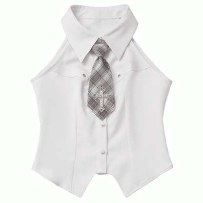 Preppy Style Curved Hem White/Beige Sleeveless Shirt with Cross Decorated Plaid Tie